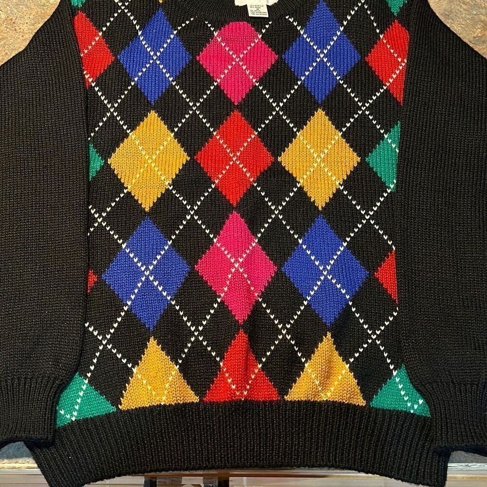 Alfred Dunner Vintage Argyle Sweater Wool Blend Medium Shoulder Pads